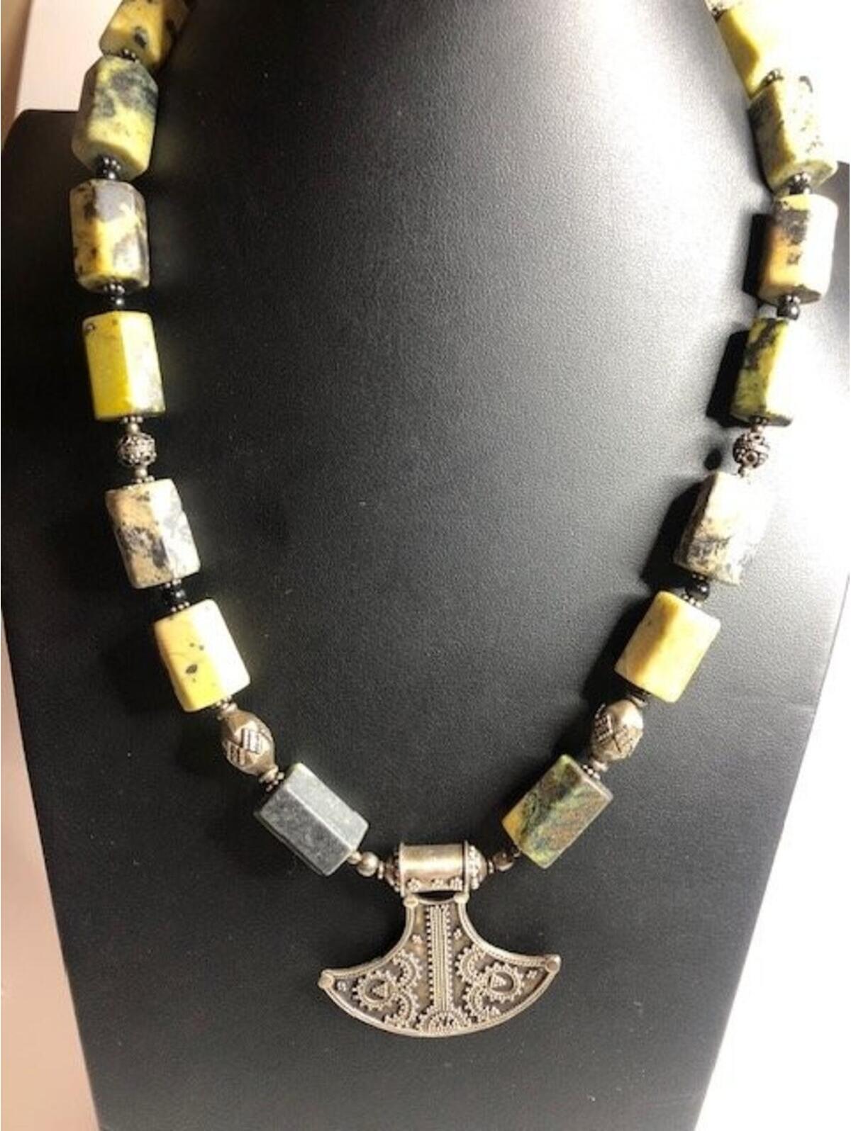 B1468 Viking Mjolnir Pendant Necklace Sterling Silver Connemara Marble 21" 131g